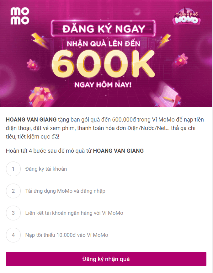 đăng ký nhận quà 500k từ ví Momo miễn phí