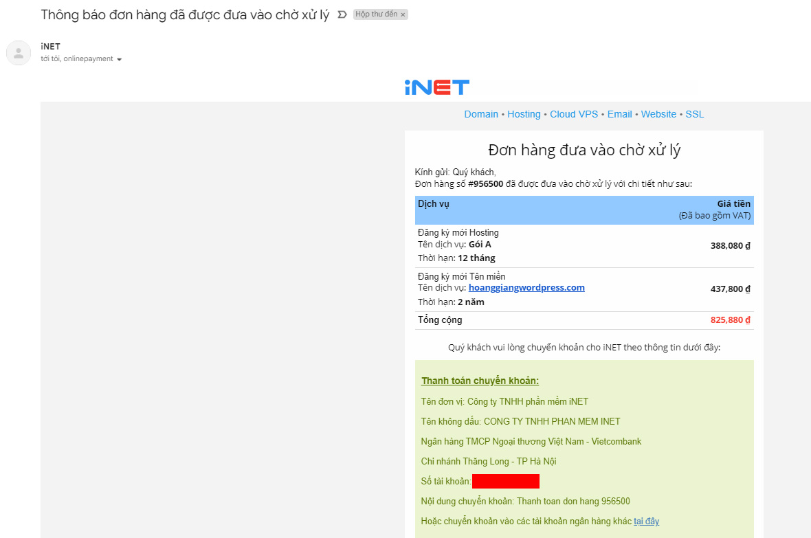 email thông báo xác nhận mua tên miền và hosting inet giá rẻ